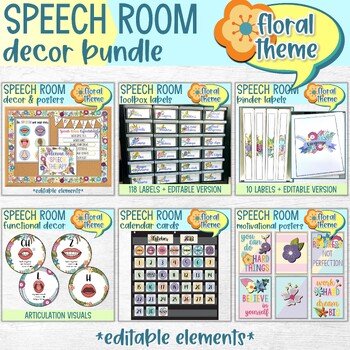 Preview of FLORAL Speech Room Decor Bundle | SLP Labels Posters Calendar Visuals