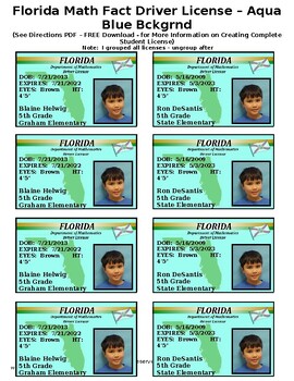 Preview of FLORIDA Math Driver's License- V3 - Math Fact Incentive Pgm - Aqua Bckgd.  FREE