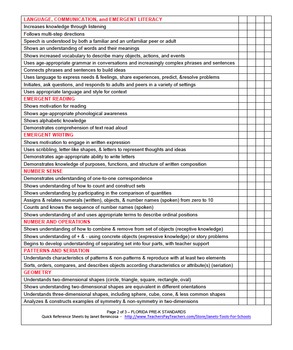 FLORIDA Pre K Quick Reference Sheets by Janet #39 s Tools for Schools