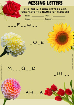 flower fruit and vegetable crossword cum missing letter set of worksheets