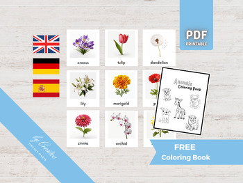Preview of FLOWERS • 30 Montessori Flashcards • Biology Image Card • German English Spanish
