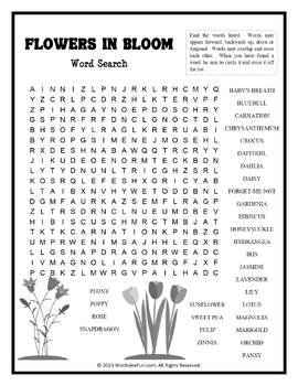 FLOWERS IN BLOOM Word Search Puzzle Handout Fun Activity by Words Are Fun