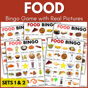 FOOD Bingo Game and Vocabulary Cards with Real Pictures Set 1 & 2