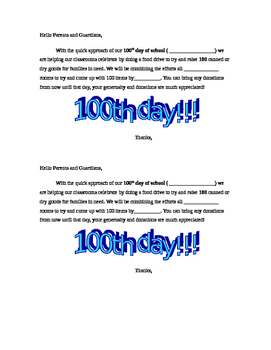 Preview of FOOD DRIVE- 100th day of school Letter