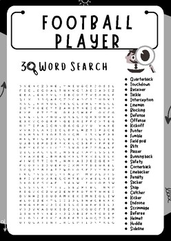 FOOTBALL PLAYER Word Search Puzzle Worksheet Activities, Brain Games