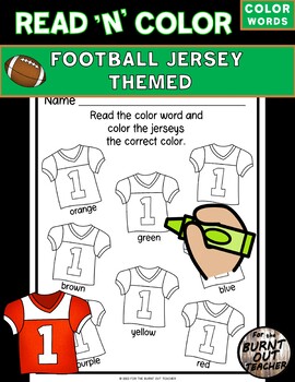 Preview of FOOTBALL READ & COLOR Worksheet COLOR WORDS Fall Autumn JERSEY UNIFORM SHIRT