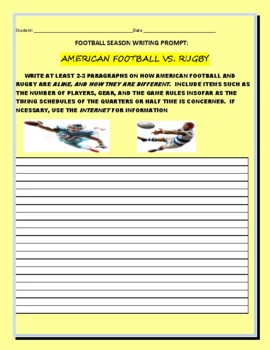 Preview of FOOTBALL SEASON WRITING PROMPT: AMERICAN FOOTBALL VS. RUGBY