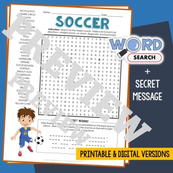 Preview of FOOTBALL/ SOCCER Word Search Puzzle Activity Vocabulary Worksheet Secret Message