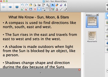 Preview of FOSS 3rd Grade Sun, Moon, and Stars Smartboard Content Chart