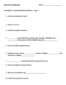 Preview of FOSS Fifth Grade Mixtures and Solutions Study Guide (Investigation 1-3)