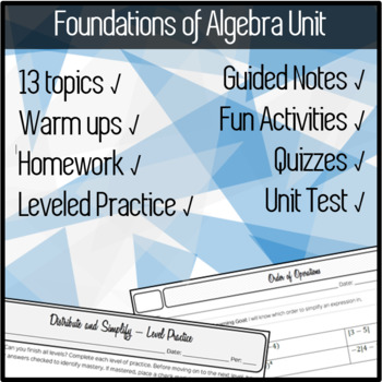 Preview of FOUNDATIONS of ALGEBRA - Notes + Practice + Warm Ups + HW + Quizzes and Tests!