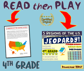 Preview of FOURTH GRADE SOCIAL STUDIES JEOPARDY! "FIVE REGIONS OF THE US" handouts & Slides