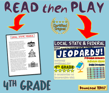 Preview of FOURTH GRADE SOCIAL STUDIES JEOPARDY! "LOCAL, STATE & FEDERAL" handouts & Slides