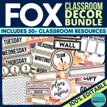 Preview of FOX Classroom Decor Bundle WOODLAND Theme Decorations Editable forest animals