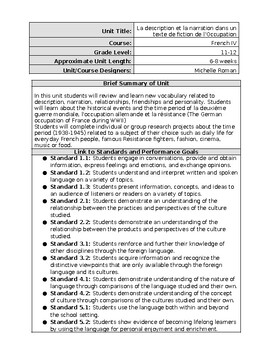 Preview of FR IV/V Unité pédagogique: WWII en France, la description et la narration