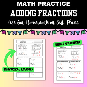 Preview of FRACTION ADDITION:  Examples & Practice Questions Homework Sub Plans 5th & 6th