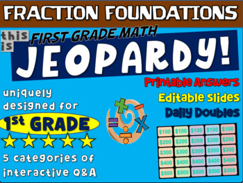 Preview of FRACTION FOUNDATIONS- First Grade MATH JEOPARDY! handouts and Interactive Slides