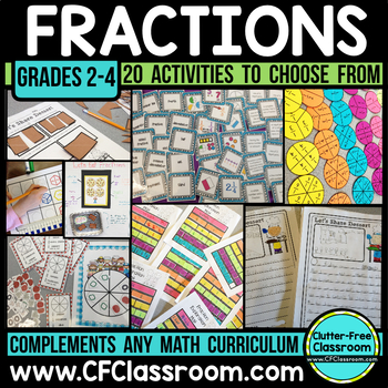 Fractions activities for 3rd grade (or even 2nd, 4th, or 5th) can be fun. Introducing and teaching a fractions unit is easy with these Clutter - Free worksheets and printables. Vocabulary, fraction strips, anchor charts and more are key to understanding fractions on a number line, ordering, comparing, reducing, decomposing, adding, subtracting, multiplying, and converting fractions to decimals on worksheets or in word problems.