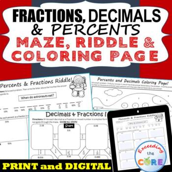 Preview of FRACTIONS, DECIMALS & PERCENTS Maze, Riddle & Coloring Page | Print and Digital