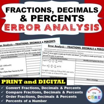 Preview of FRACTIONS, DECIMALS, PERCENTS Word Problems | Find the Error | Print and Digital