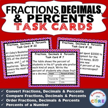 Preview of FRACTIONS, DECIMALS, & PERCENTS Word Problems - Task Cards {40 Cards}