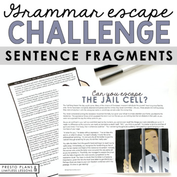 Preview of Sentence Fragments Grammar Activity Escape Room Challenge, Presentation, & Quiz