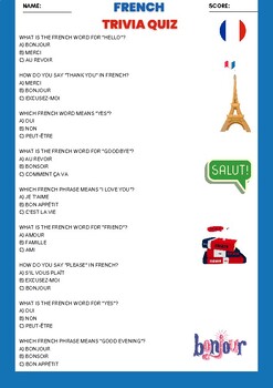 Preview of FRANCE FRENCH Language Trivia Quiz Activity