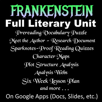 Preview of FRANKENSTEIN -- FULL LITERARY UNIT (Quizzes, Character & Plot Maps, etc.)