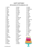 FREE 100 Birthday Articulation & Vocabulary Wordlist