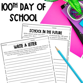 Preview of FREE 100th day of school writing prompts activities freebie