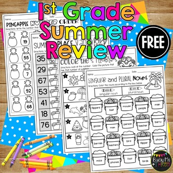 Preview of FREE 1st Grade Summer Review No Prep Math and ELAR Worksheets End of Year