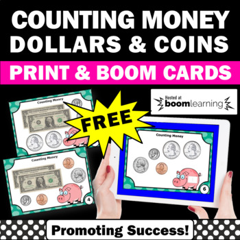 Preview of FREE 2nd 3rd Grade Math BOOM Cards Counting Money Dollar Coins Task Cards
