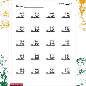 FREE - 3 DIGITS Subtraction With Borrowing Subtract Practice Problems ...