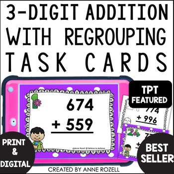 Preview of 3 Digit Addition With Regrouping Task Cards | TPT Featured