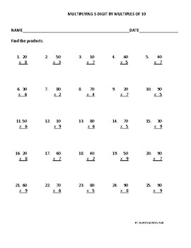 Preview of FREE 3RD GRADE COMMON CORE ON MULTIPLYING 1-DIGIT  BY MULTIPLES OF 10