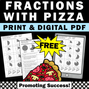 Preview of FREE Pizza Fractions Review Worksheets 3rd Grade Math Formative Assessment Quiz