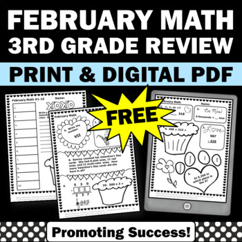 Preview of FREE 3rd Grade Math Morning Work Review Worksheets February Valentines Day