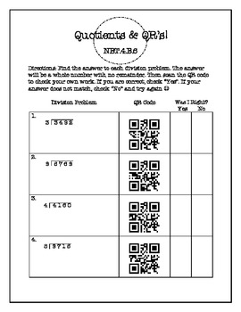 Preview of FREE 4 Digit Division Worksheet with QR Codes