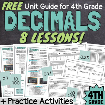 Preview of FREE 4th Grade Decimals 8 Lessons Unit Guide with Worksheets and Activities
