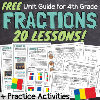 Preview of FREE 4th Grade Fractions 20 Lessons Unit Guide with Worksheets and Activities
