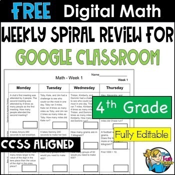 Preview of FREE 4th Grade Math - WEEKLY SPIRAL REVIEW - Digital & Print