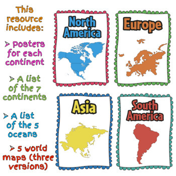 7 Continents 5 Oceans World Map Poster Set By Travelicious Teacher