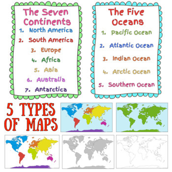 Map Of Seven Continents And Five Oceans 7 Continents, 5 Oceans & World Map Poster Set By Travelicious Teacher