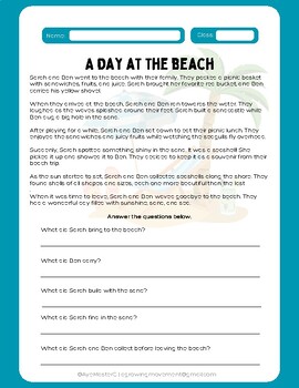 Preview of FREE "A Day at the Beach" Reading Comprehension Passage