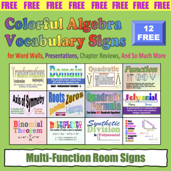 Preview of FREE ALGEBRA 1 & 2 - 12 Colorful Word Wall Vocabulary Signs - 8.5 in. x 11 in.