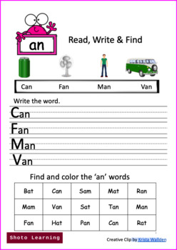 Preview of FREE - AN WORD FAMILY CVC BLEND WORKSHEET WORDS FAMILIES READING WRITING