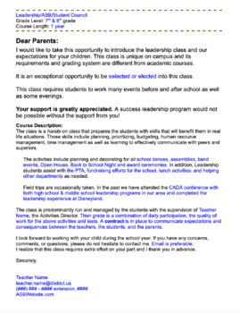 Preview of FREE ASB / Leadership / Student Council Intro Letter to Parents | Back to School
