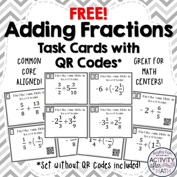 Preview of Adding Fractions with Integers Task Cards with QR Codes FREEBIE