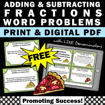 Preview of FREE Adding and Subtracting Fractions Word Problems Task Cards 4th Grade Math