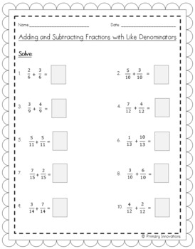 FREE Adding and Subtracting Fractions with Like Denominators Worksheet